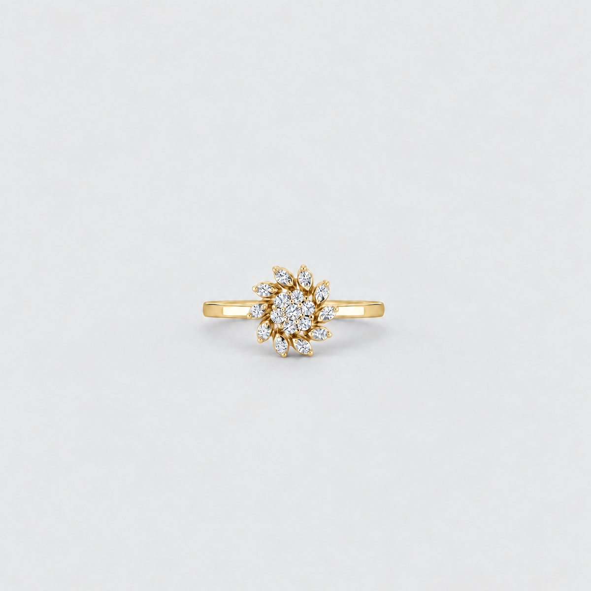 Gold cluster diamond ring for women with a floral starburst design