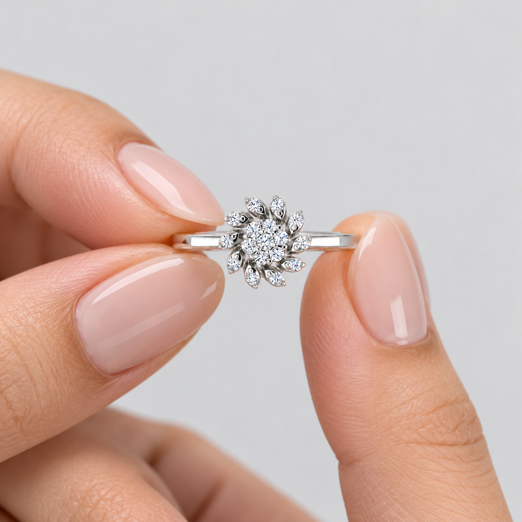 A close-up of a hand with manicured nails holding a silver ring with a floral cluster of small clear stones against a light gray background.