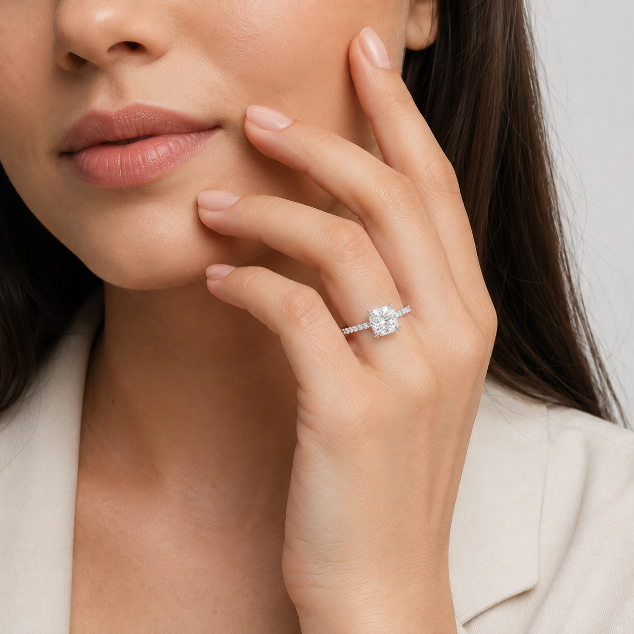 1 Ct. Lab Grown Diamond Cushion Ring Claw Prongs (VS-EF)
