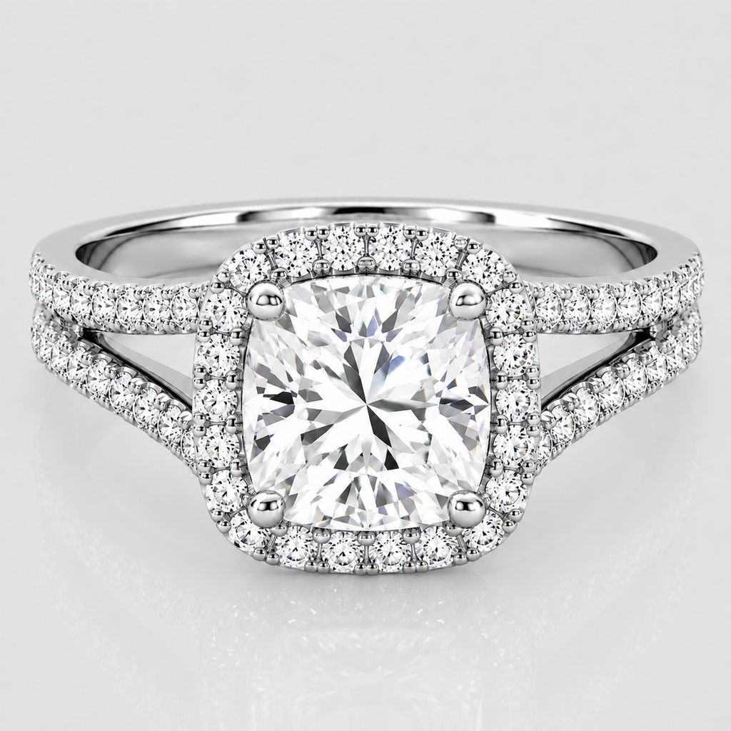 1.40 Ct. Lab Grown Diamond Cushion Cut Split Shank Halo Ring (VS-EF)