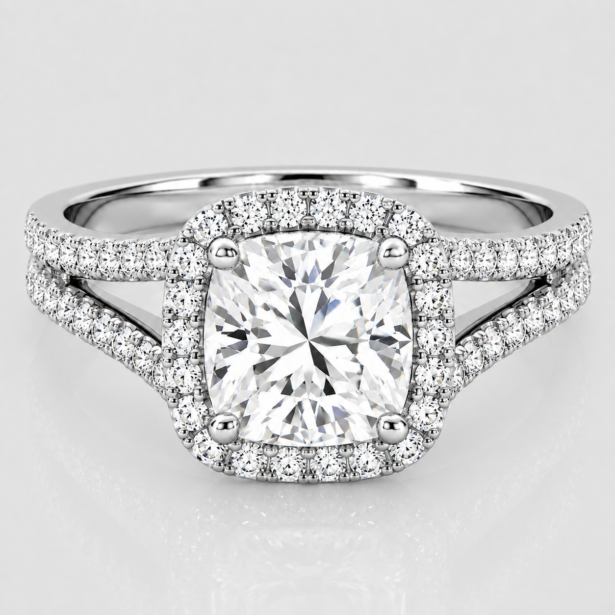 1.40 Ct. Lab Grown Diamond Cushion Cut Split Shank Halo Ring (VS-EF)