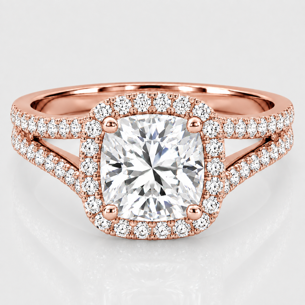 1.40 Ct. Lab Grown Diamond Cushion Cut Split Shank Halo Ring (VS-EF)