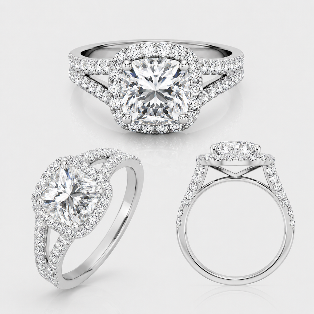 1.40 Ct. Lab Grown Diamond Cushion Cut Split Shank Halo Ring (VS-EF)
