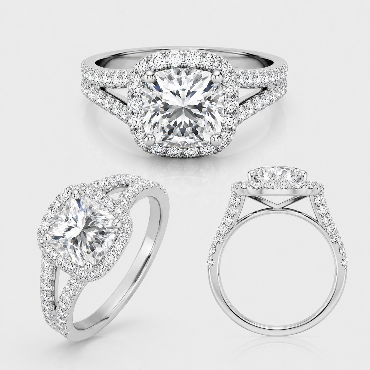 1.40 Ct. Lab Grown Diamond Cushion Cut Split Shank Halo Ring (VS-EF)