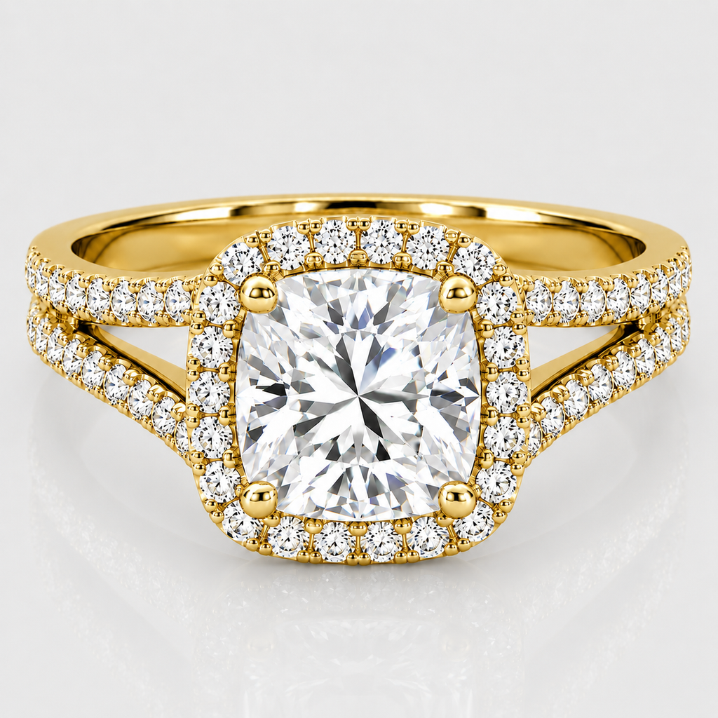 1.40 Ct. Lab Grown Diamond Cushion Cut Split Shank Halo Ring (VS-EF)