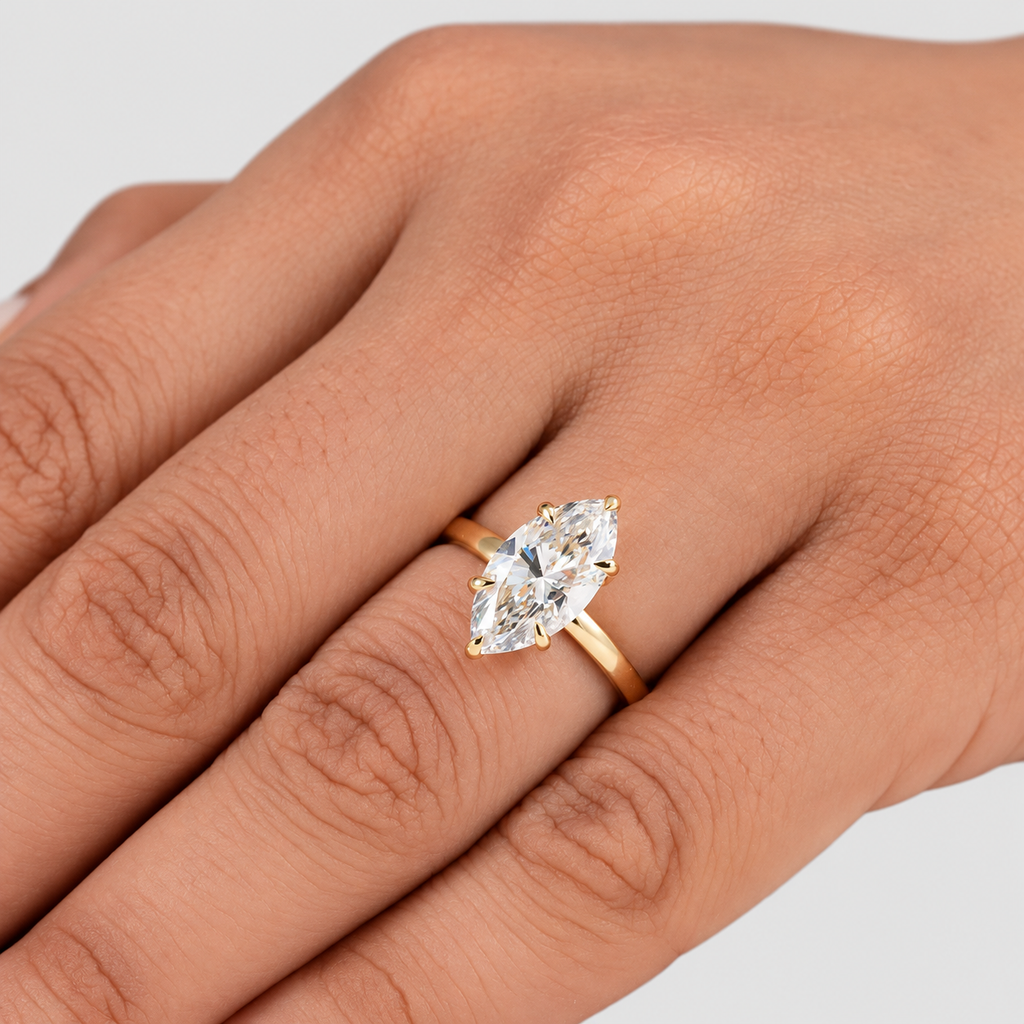 A close-up of a hand wearing a yellow gold ring with a marquise-cut clear gemstone, set against a plain light gray background.