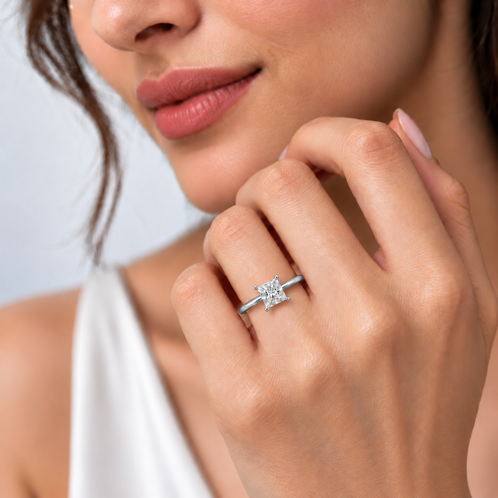 A close-up lifestyle shot of a woman wearing a silver ring with a star-shaped diamond cluster on her finger.