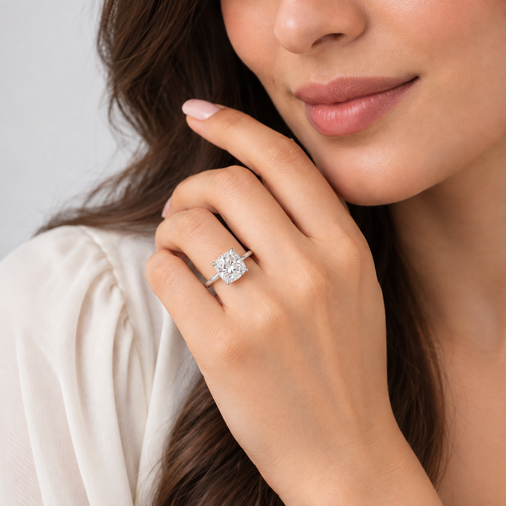 A close-up lifestyle shot of a woman wearing a radiant-cut diamond engagement ring on a silver band, with her hand resting near her chin.