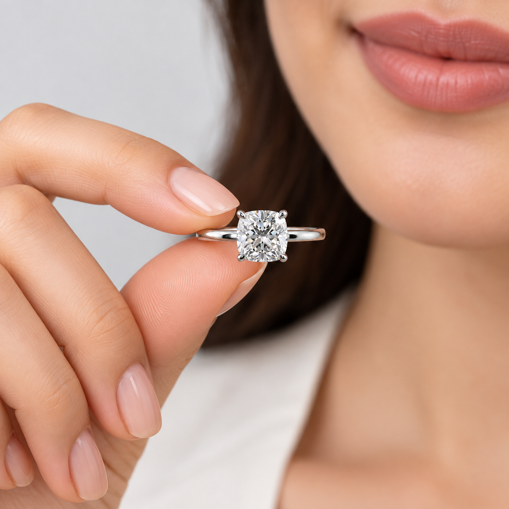 A close-up lifestyle shot of a woman holding a radiant-cut diamond engagement ring on her fingers. The ring features a brilliant center stone in a four-prong setting on a polished silver-colored band.