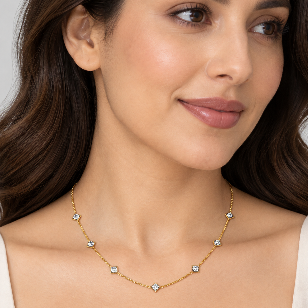 A close-up of a woman wearing a delicate gold chain necklace with small, clear round gemstones spaced along the chain. The necklace is shown against her collarbone, with her dark brown hair and a cream-colored top visible.