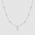 A delicate silver-toned necklace featuring a central diamond-shaped pendant and five matching starburst motifs spaced along the chain, displayed on a light gray background.