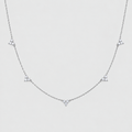 A delicate silver chain necklace featuring five small, clear triangular crystal clusters spaced evenly along the chain, displayed against a light gray background.