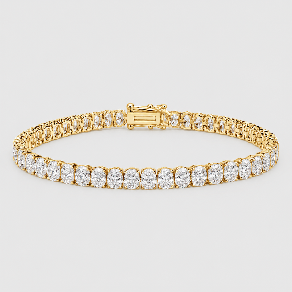 A yellow gold tennis bracelet featuring round-cut clear gemstones set in a classic link design, shown against a light gray background.