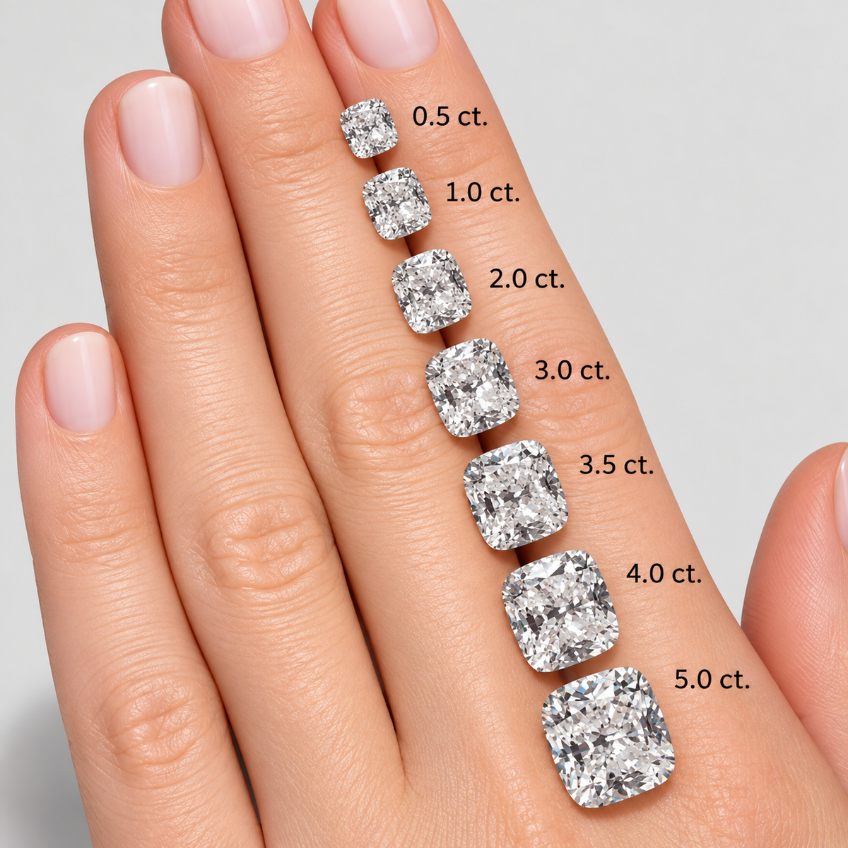 A close-up of a hand showing a graduated sequence of cushion-cut diamonds by carat weight, labeled 0.5 ct.