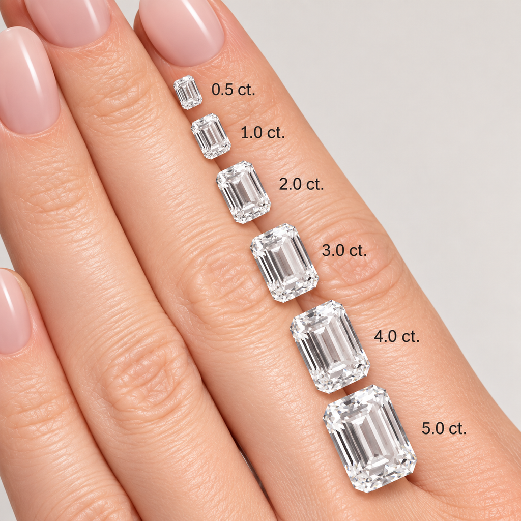 A close-up of a hand displaying a graduated row of emerald-cut diamonds in sizes labeled 0.5 ct.