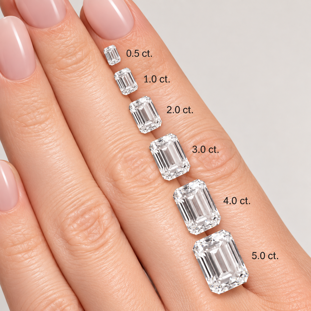 A close-up of a hand displaying a graduated row of emerald-cut diamonds in sizes labeled 0.5 ct.