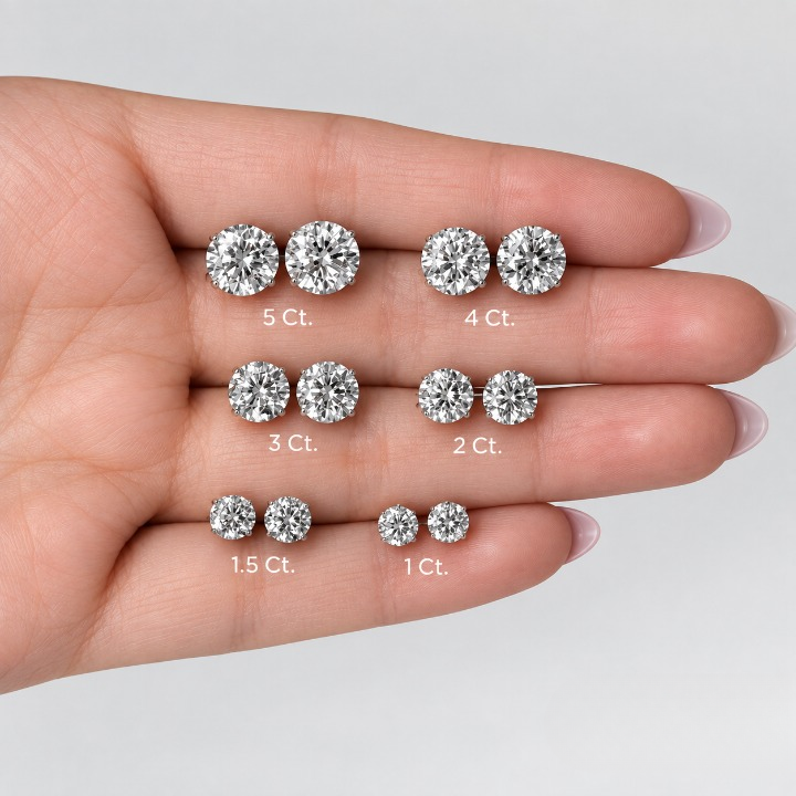 A hand displaying different carat sizes of round brilliant-cut diamond stud earrings against a light gray background. The earrings are arranged on the fingers with text labels indicating sizes from 5 Ct.