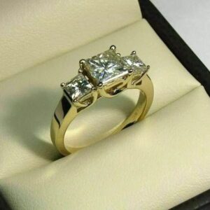 2ct Princess Cut Lab Grown Diamond Women's Birthday Three Stone Ring 14K Yellow Gold - Image 4