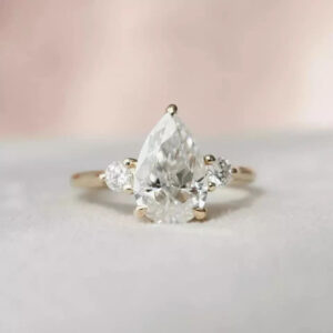 2CT Round & Pear Cut Lab Grown Diamond Promise Gift Hidden Halo & Three Stone Ring 14K Yellow Gold - Image 3