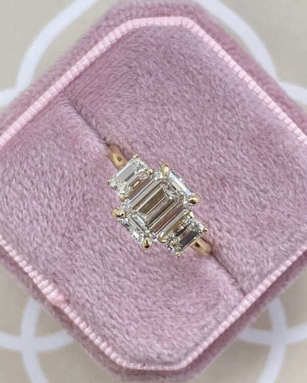 Lovely Emerald Cut 3CT Lab Grown Diamond Women's Birthday Three Stone Ring 14K Yellow Gold