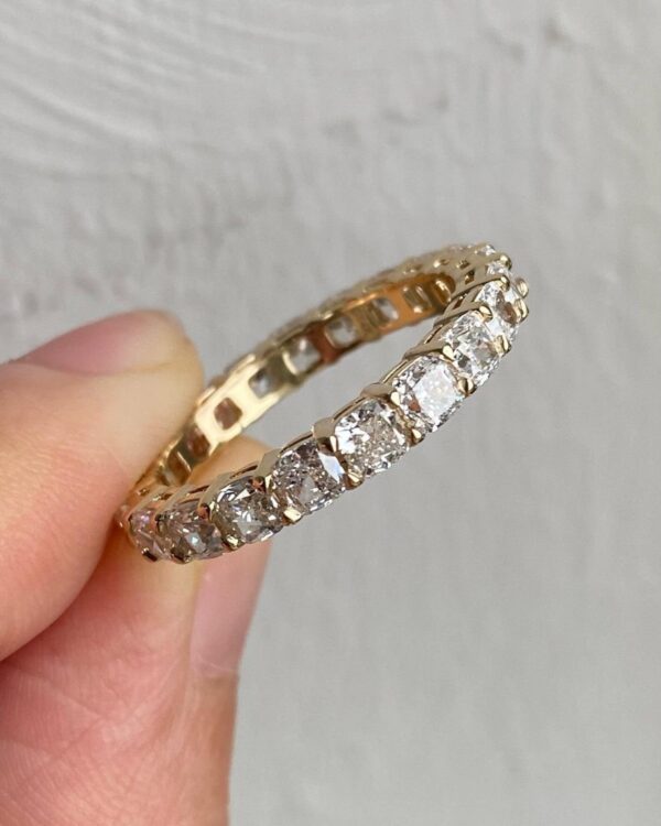 3ct Cushion Lab Grown Diamond Women's Valentine Gift Eternity Band Ring 14K Yellow Gold