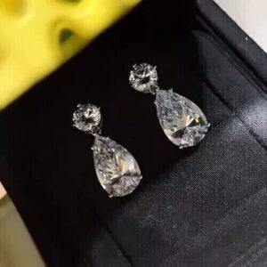 3ct Pear & Round Lab Grown Diamond Drop Dangle Earring 14K Yellow Gold - Image 7